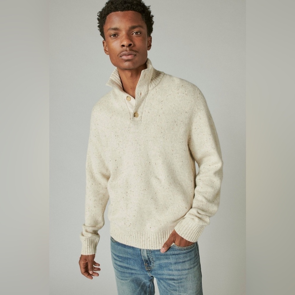 Lucky Brand Men’s Tweed Half Mock Neck Button Sweater Tan Heather Size L